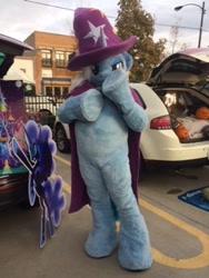 Size: 240x320 | Tagged: safe, artist:atalonthedeer, artist:ramivic, derpibooru import, nightmare moon, trixie, human, cutout, diecut, fursuit, irl, irl human, nightmare night, photo, trunk or treat