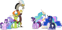 Size: 13941x6885 | Tagged: safe, artist:chrzanek97, derpibooru import, discord, princess celestia, princess luna, starlight glimmer, thorax, trixie, twilight sparkle, twilight sparkle (alicorn), alicorn, changedling, changeling, pony, unicorn, celestial advice, .svg available, absurd resolution, female, group, king thorax, looking at you, male, mare, simple background, transparent background, vector