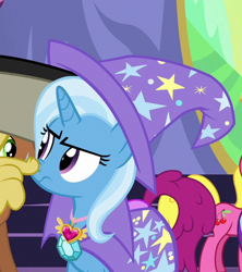 Size: 628x706 | Tagged: safe, derpibooru import, screencap, cherry berry, discord, trixie, celestial advice, cape, clothes, hat, solo focus, trixie's cape, trixie's hat, unamused