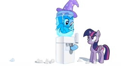 Size: 1024x563 | Tagged: safe, artist:tswt, derpibooru import, trixie, twilight sparkle, twilight sparkle (alicorn), alicorn, pony, unicorn, :t, clothes, duo, duo female, female, hat, homestar runner, inconvenient trixie, looking at each other, looking down, looking up, mare, simple background, trixie's hat, wat, water cooler, white background