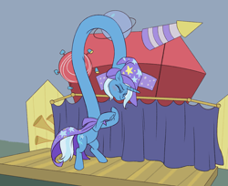 Size: 3373x2753 | Tagged: safe, artist:mellowhen, derpibooru import, trixie, are you frustrated?, cape, clothes, elongated, elongated body, hat, impossibly long neck, long neck, meme, necc, rearing, scrunchy face, solo, stage, trixie's cape, trixie's hat, wat