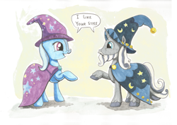 Size: 1754x1240 | Tagged: safe, artist:frenkieart, derpibooru import, star swirl the bearded, trixie, pony, unicorn, cape, clothes, duo, female, hat, hilarious in hindsight, male, mare, stallion, trixie's cape, trixie's hat, wizard hat