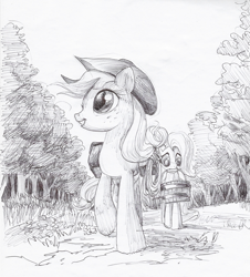 Size: 2297x2545 | Tagged: safe, artist:violetsquiggles, applejack, fluttershy, earth pony, pegasus, pony, bucket, drawing, monochrome, mouth hold, path, saddle bag, traditional art