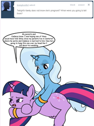 Size: 425x566 | Tagged: safe, artist:dekomaru, derpibooru import, trixie, twilight sparkle, ask, female, lesbian, pregnant, shipping, tumblr, tumblr:ask twixie, twixie