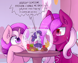 Size: 4212x3421 | Tagged: safe, artist:dsp2003, rarity, oc, oc:burning passion, oc:gemstone, pony, seapony (g4), unicorn, my little pony: the movie, 2017, blushing, colt, comic, commission, ear fluff, female, filly, fishbowl, male, marshmelodrama, micro, rarifish, seaponified, seapony rarity, single panel, species swap, transformation