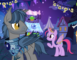 Size: 900x695 | Tagged: safe, artist:pixelkitties, derpibooru import, trixie, twilight sparkle, twilight sparkle (alicorn), oc, oc:sharpie fume, alicorn, bat pony, pony, clothes, costume, female, m.a. larson, male, mare, nightmare night, pixelkitties' brilliant autograph media artwork