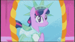 Size: 325x185 | Tagged: safe, derpibooru import, screencap, twilight sparkle, unicorn twilight, unicorn, friendship is magic, animated, annoyed, clothes, dress, dressup, frown, gem saddle twilight, looking up, mirror, not poofy enough, open mouth, outfit, outfits, reflection, sad, smiling, socks, solo, statue of liberty, too frilly, too green, too poofy, too shiny, too yellow, unamused, wig