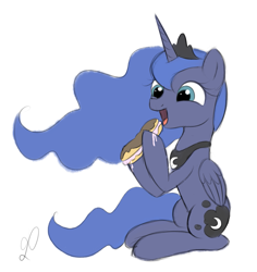 Size: 969x1025 | Tagged: safe, artist:divlight, princess luna, alicorn, pony, cake, crown, cute, eating, eclair, female, hoof hold, jewelry, mare, open mouth, regalia, simple background, sitting, solo