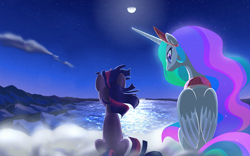 Size: 1920x1200 | Tagged: safe, artist:violetsquiggles, princess celestia, twilight sparkle, alicorn, pony, back, desert, fanfic art, fanfic cover, glass, moon, rear view, sitting, water, windswept mane