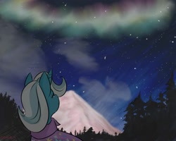 Size: 2000x1600 | Tagged: safe, artist:skookum, derpibooru import, trixie, pony, unicorn, aurora borealis, female, mare, scenery, solo