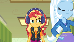 Size: 1280x720 | Tagged: safe, derpibooru import, screencap, sunset shimmer, trixie, better together, equestria girls, overpowered (equestria girls), female, geode of empathy