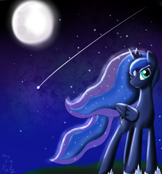 Size: 1024x1097 | Tagged: safe, artist:sos1995kk126, princess luna, alicorn, pony, moon, night, shooting star, solo, wink