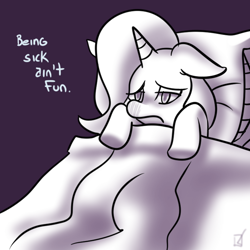 Size: 700x700 | Tagged: safe, artist:fauxsquared, derpibooru import, trixie, pony, unicorn, bed, blanket, female, mare, monochrome, pillow, sick, solo, trixie is magic, truth