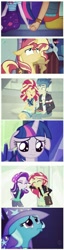 Size: 583x2268 | Tagged: safe, derpibooru import, flash sentry, sci-twi, starlight glimmer, sunset shimmer, timber spruce, trixie, twilight sparkle, better together, eqg summertime shorts, equestria girls, good vibes, mirror magic, star crossed, spoiler:eqg specials, floppy ears, holding hands, implied flashimmer, implied flashlight, implied lesbian, implied scitwishimmer, implied shipping, implied startrix, implied straight, implied sunsetsparkle, obligatory pony, sad, saddle bag