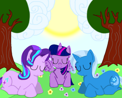 Size: 1500x1200 | Tagged: safe, artist:carmamazum, derpibooru import, starlight glimmer, trixie, twilight sparkle, twilight sparkle (alicorn), alicorn, pony, unicorn, female, sleeping, sun, tree