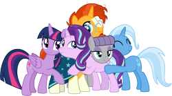 Size: 5394x3001 | Tagged: safe, artist:cloudyglow, derpibooru import, maud pie, starlight glimmer, sunburst, trixie, twilight sparkle, twilight sparkle (alicorn), alicorn, earth pony, pony, unicorn, uncommon bond, .ai available, female, group hug, hug, male, mare, simple background, smiling, stallion, sunburst gets all the mares, transparent background, vector