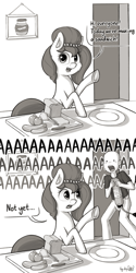 Size: 2304x4608 | Tagged: safe, artist:dsp2003, oc, oc only, oc:brownie bun, oc:richard, earth pony, human, pony, horse wife, 2017, bald, cucumber, female, fire extinguisher, food, implied lethal chef, kitchen, knife, leek, male, mare, monochrome, open mouth, screaming, this will end in tears and/or breakfast, tomato, underhoof