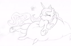 Size: 6568x4290 | Tagged: safe, artist:korashy, princess luna, alicorn, pony, absurd resolution, monochrome, pillow, solo