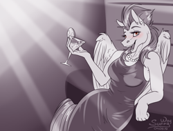 Size: 1316x1000 | Tagged: safe, artist:sunny way, derpibooru import, stormy flare, anthro, pegasus, pony, bar, blushing, clothes, cougar, dress, female, mare, milf, older, patreon, patreon reward, rcf community, solo, wings