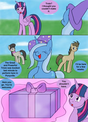 Size: 1000x1379 | Tagged: safe, artist:emilou1985, derpibooru import, doctor whooves, octavia melody, trixie, twilight sparkle, twilight sparkle (alicorn), alicorn, earth pony, pony, comic:signs, comic, magic, misspelling, pregnant, present