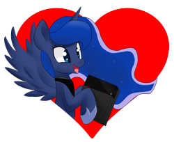 Size: 1800x1467 | Tagged: safe, artist:hidden-cat, princess luna, alicorn, pony, blushing, cargo ship, gamer luna, heart, playstation 4, shipping, solo, spread wings