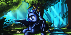 Size: 1600x800 | Tagged: safe, artist:auroriia, princess luna, alicorn, pony, crepuscular rays, forest, prone, solo, spread wings, water