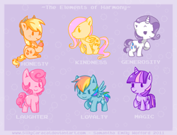 Size: 1669x1278 | Tagged: dead source, safe, artist:conphettey, derpibooru import, applejack, fluttershy, pinkie pie, rainbow dash, rarity, twilight sparkle, earth pony, pegasus, pony, unicorn, abstract background, chibi, cute, elements of harmony, female, freckles, hat, mane six, mare