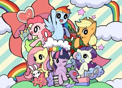 Size: 1000x720 | Tagged: safe, artist:asads, derpibooru import, applejack, fluttershy, pinkie pie, rainbow dash, rarity, twilight sparkle, earth pony, pegasus, pony, unicorn, mane six, pixiv