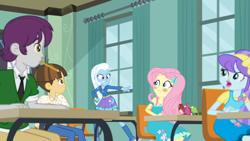 Size: 1920x1080 | Tagged: safe, derpibooru import, screencap, aqua blossom, fluttershy, indigo wreath, trixie, wiz kid, a little birdie told me, better together, equestria girls, background human, blushing, geode of fauna, magical geodes