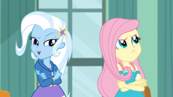 Size: 1920x1080 | Tagged: safe, derpibooru import, screencap, fluttershy, trixie, a little birdie told me, better together, equestria girls, canterlot high, crossed arms, duo, fluttershy is not amused, frown, raised eyebrow, talking, unamused