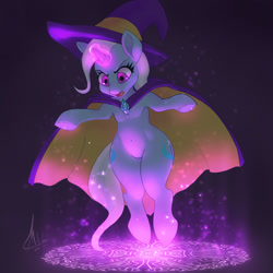 Size: 960x960 | Tagged: safe, artist:raikoh, derpibooru import, trixie, cape, clothes, diamond, floating, glowing horn, hat, magic, magic circle, runes, solo, sparkles, wizard hat