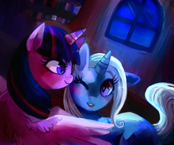 Size: 3000x2500 | Tagged: safe, artist:cherivinca, derpibooru import, trixie, twilight sparkle, twilight sparkle (alicorn), alicorn, pony, blushing, dark, female, lesbian, mare, night, nuzzling, open mouth, shipping, smiling, twixie, window, wink