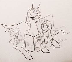 Size: 1280x1096 | Tagged: safe, artist:glacierclear, princess luna, human, book, cute, goodnight moon, monochrome, reading