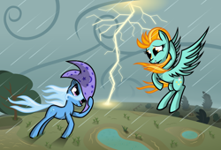 Size: 5008x3396 | Tagged: safe, artist:subjectbubblegum, derpibooru import, lightning dust, trixie, pegasus, pony, unicorn, flying, lightning, rain