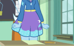 Size: 420x266 | Tagged: safe, derpibooru import, screencap, trixie, equestria girls, equestria girls series, angry, animated, blushing, classroom, clothes, desk, frown, glare, grumpy, pencil, sideways glance, sitting, skirt, solo, window