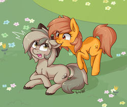 Size: 1518x1280 | Tagged: safe, artist:dsp2003, oc, oc only, oc:meadow stargazer, oc:stone, earth pony, pony, 2017, biting, blushing, chest fluff, crying, cute, ear bite, ear fluff, female, floppy ears, horses doing horse things, lesbian, mare, nom, ocbetes, open mouth