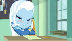 Size: 1920x1080 | Tagged: safe, derpibooru import, screencap, trixie, a little birdie told me, equestria girls, equestria girls series, angry, blushing, canterlot high, cute, desk, diatrixes, female, madorable, offended, paper, pencil, pouting, solo, sulking, upset, window
