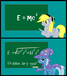 Size: 924x1048 | Tagged: safe, artist:mrbarthalamul, derpibooru import, derpy hooves, trixie, pegasus, pony, chalkboard, comic, female, mare, physics