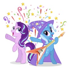 Size: 233x228 | Tagged: safe, derpibooru import, starlight glimmer, trixie, pony, unicorn, bipedal, confetti, cute, diatrixes, flying v, gameloft, guitar, official, picture for breezies, simple background
