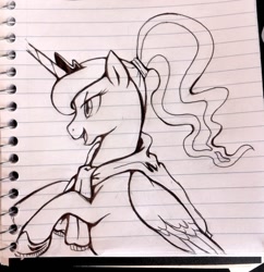 Size: 800x827 | Tagged: safe, artist:mmmenagerie, princess luna, alicorn, pony, grayscale, lined paper, monochrome, solo, traditional art