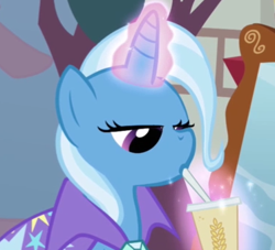 Size: 373x338 | Tagged: safe, derpibooru import, screencap, trixie, pony, unicorn, boast busters, drink, hay smoothie, reaction image, solo