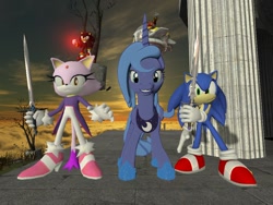 Size: 1024x768 | Tagged: safe, artist:migueruchan, princess luna, alicorn, pony, 3d, blaze the cat, crossover, doctor eggman, eggmobile, gmod, s1 luna, shadow the hedgehog, sonic the hedgehog, sonic the hedgehog (series), sword