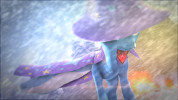 Size: 3840x2160 | Tagged: safe, artist:invisorfaa, derpibooru import, trixie, 3d, alicorn amulet, cape, clothes, covering eyes, hat, poster, solo, source filmmaker, trixie's cape, trixie's hat