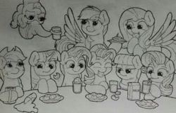 Size: 1112x717 | Tagged: safe, artist:ljdamz1119, derpibooru import, applejack, fluttershy, maud pie, pinkie pie, rainbow dash, rarity, starlight glimmer, trixie, twilight sparkle, earth pony, pegasus, pony, unicorn, cookie, dishes, eating, food, glass, milk, monochrome, table, traditional art