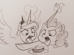 Size: 1280x963 | Tagged: safe, artist:glacierclear, pinkie pie, princess luna, alicorn, earth pony, pony, eyes on the prize, fight, hair pulling, monochrome, open mouth, plate, sandwich, tongue out, traditional art