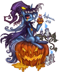 Size: 1300x1579 | Tagged: safe, artist:cizu, derpibooru import, trixie, pony, unicorn, candle, clothes, costume, female, halloween, jack-o-lantern, mare, nightmare night, pumpkin, solo, witch