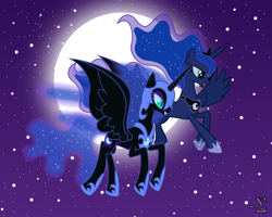 Size: 10000x8000 | Tagged: safe, artist:90sigma, nightmare moon, princess luna, alicorn, pony, absurd resolution, duality, flying, moon, night, pointing, self ponidox