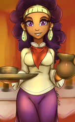 Size: 1900x3100 | Tagged: safe, artist:gabbslines, saffron masala, equestria girls, spice up your life, bandana, bowl, breasts, busty saffron masala, clothes, curvy, dark skin, ear piercing, earring, equestria girls-ified, female, jewelry, long sleeves, looking at you, pants, piercing, purple eyes, signature, smiling, solo, tray