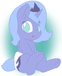 Size: 650x800 | Tagged: safe, artist:lamia, princess luna, alicorn, pony, baby, baby pony, cute, diaper, filly, foal, looking at you, lunabetes, solo, woona