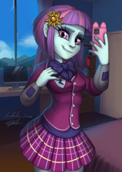 Size: 1860x2631 | Tagged: safe, artist:gabbslines, sunny flare, equestria girls, friendship games, cellphone, clothes, commission, crystal prep academy uniform, female, high res, looking at you, phone, school uniform, selfie, smartphone, smiling, solo, sunny flare's wrist devices